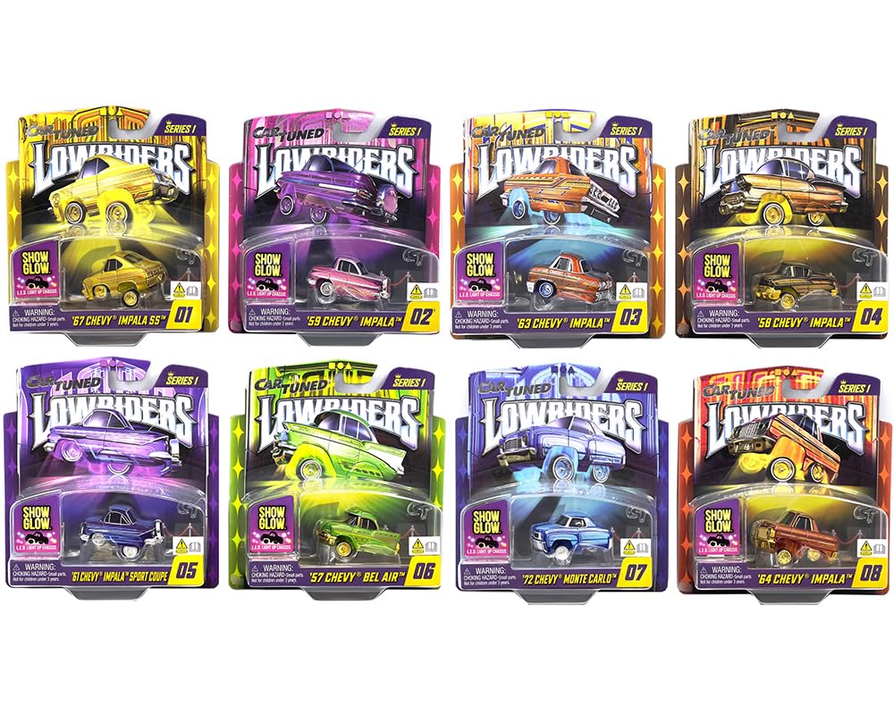 Car Tuned 1:64 Lowriders Show Glow Series 1 Full Set of 8 Pieces Cars with L.E.D. Light Up Chassis