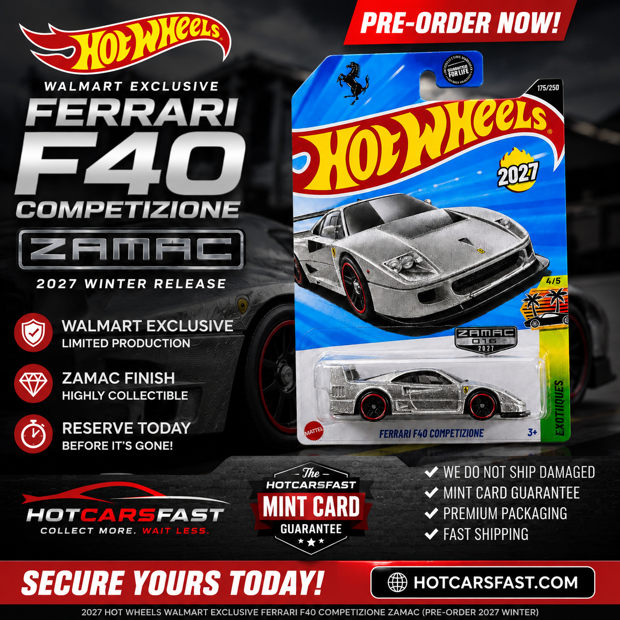 2027 Hot Wheels Walmart Exclusive Ferrari F40 Competizione ZAMAC (Pre-Order 2027 Winter)