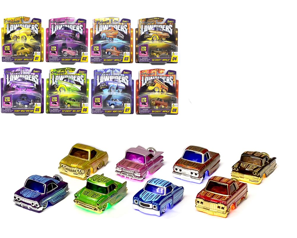 Car Tuned 1:64 Lowriders Show Glow Series 1 Full Set of 8 Pieces Cars with L.E.D. Light Up Chassis
