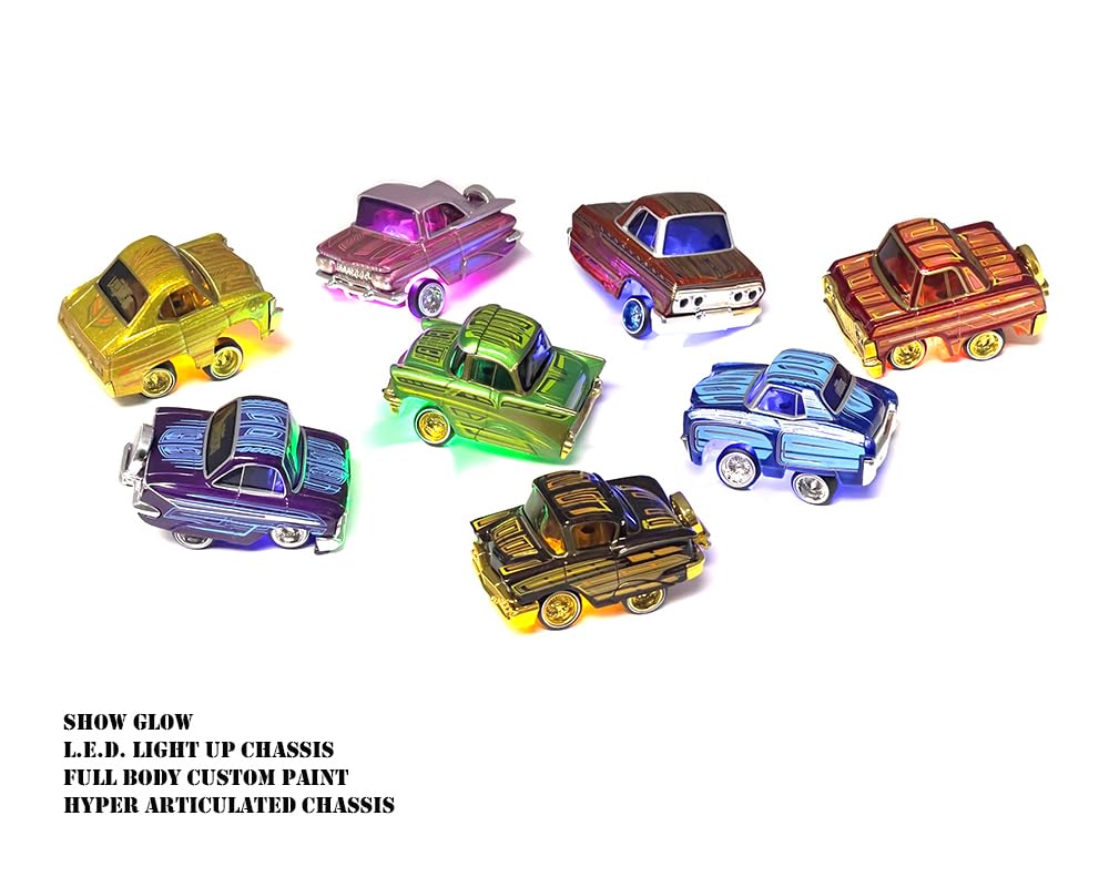 Car Tuned 1:64 Lowriders Show Glow Series 1 Full Set of 8 Pieces Cars with L.E.D. Light Up Chassis