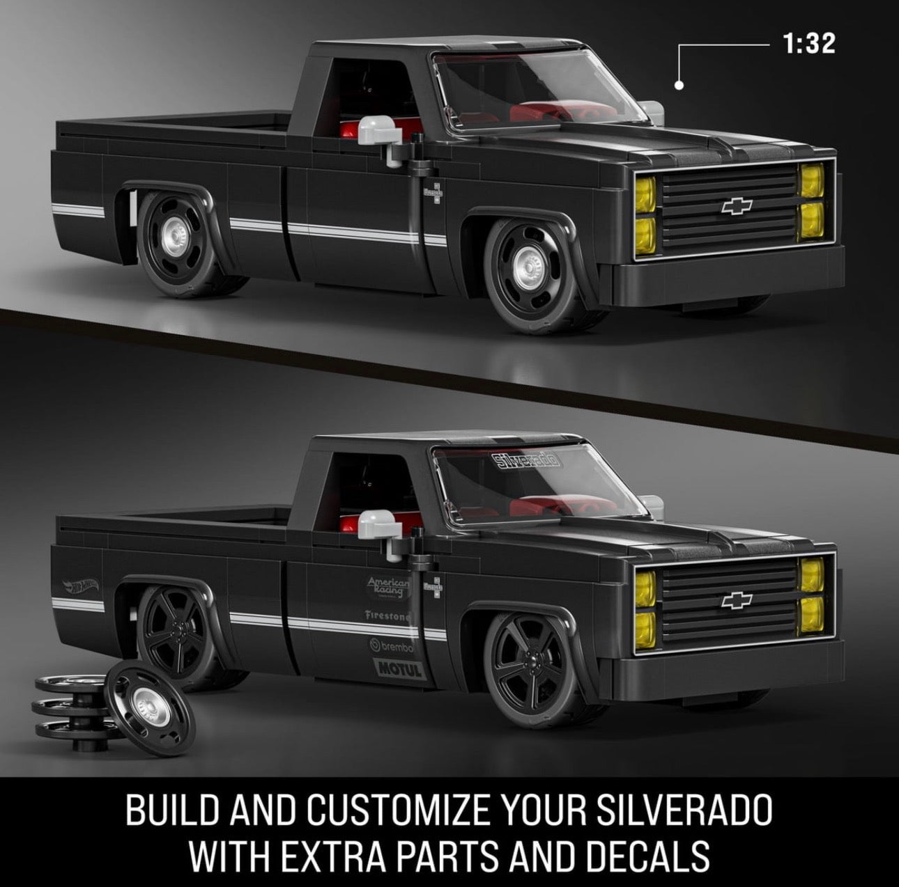 Mattel Brick Shop Hot Wheels 1983 Chevy Silverado Squarebody Building Set – 225 Pieces, 1:32 Scale + Exclusive 1:64 Metal Car