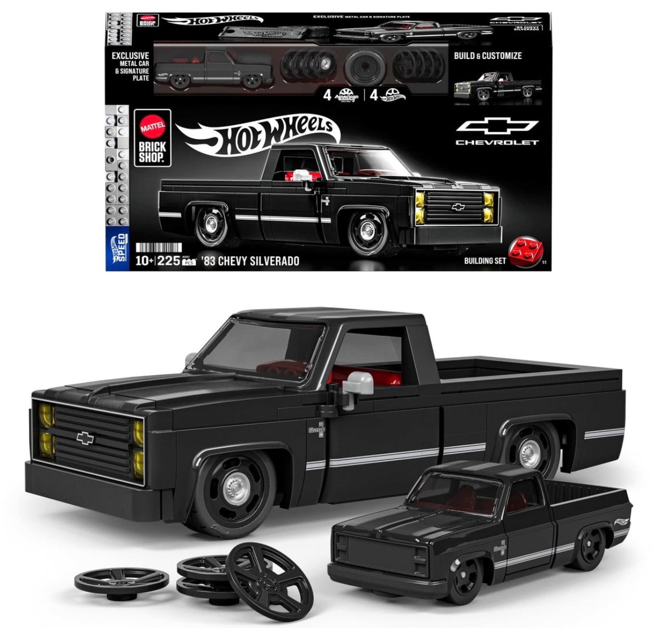 Mattel Brick Shop Hot Wheels 1983 Chevy Silverado Squarebody Building Set – 225 Pieces, 1:32 Scale + Exclusive 1:64 Metal Car