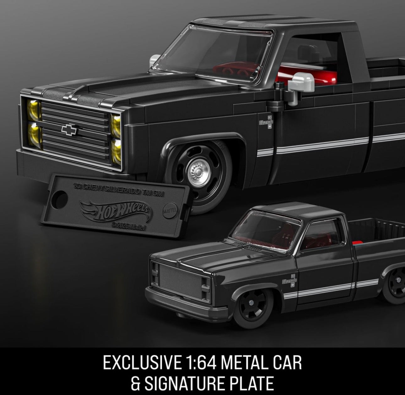 Mattel Brick Shop Hot Wheels 1983 Chevy Silverado Squarebody Building Set – 225 Pieces, 1:32 Scale + Exclusive 1:64 Metal Car