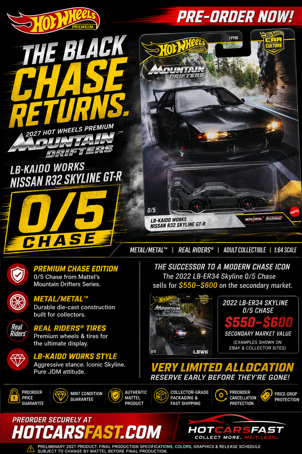 2027 Hot Wheels Premium Mountain Drifters LB-Kaido Works Nissan R32 Skyline GT-R 0/5 Black Chase – (Preorder Q1 Jan - Mar 2026)