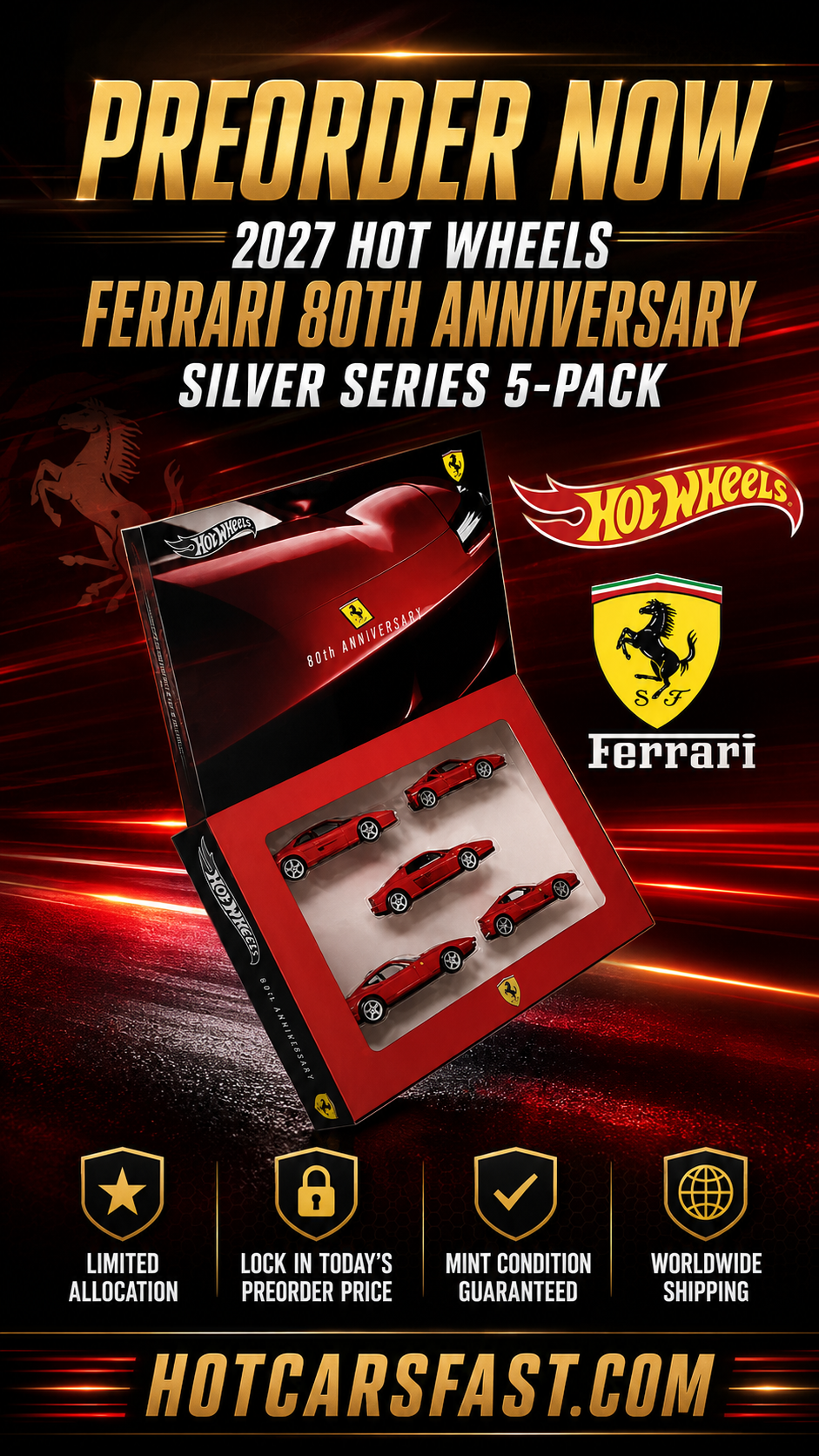 2027 Hot Wheels Silver Series Ferrari 80th Anniversary Exclusive 5-Pack Collector Set – (Preorder December 2026)