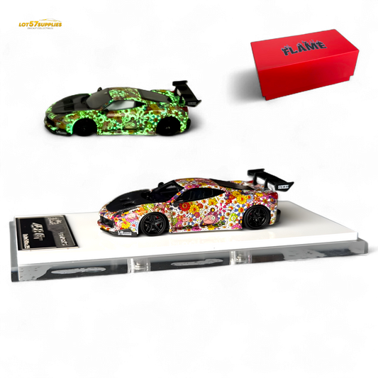 Flame Ferrari 458 GT LB Wide-Body - Takashi Murakami Flower Livery - Glows in dark 1:64 Resin
